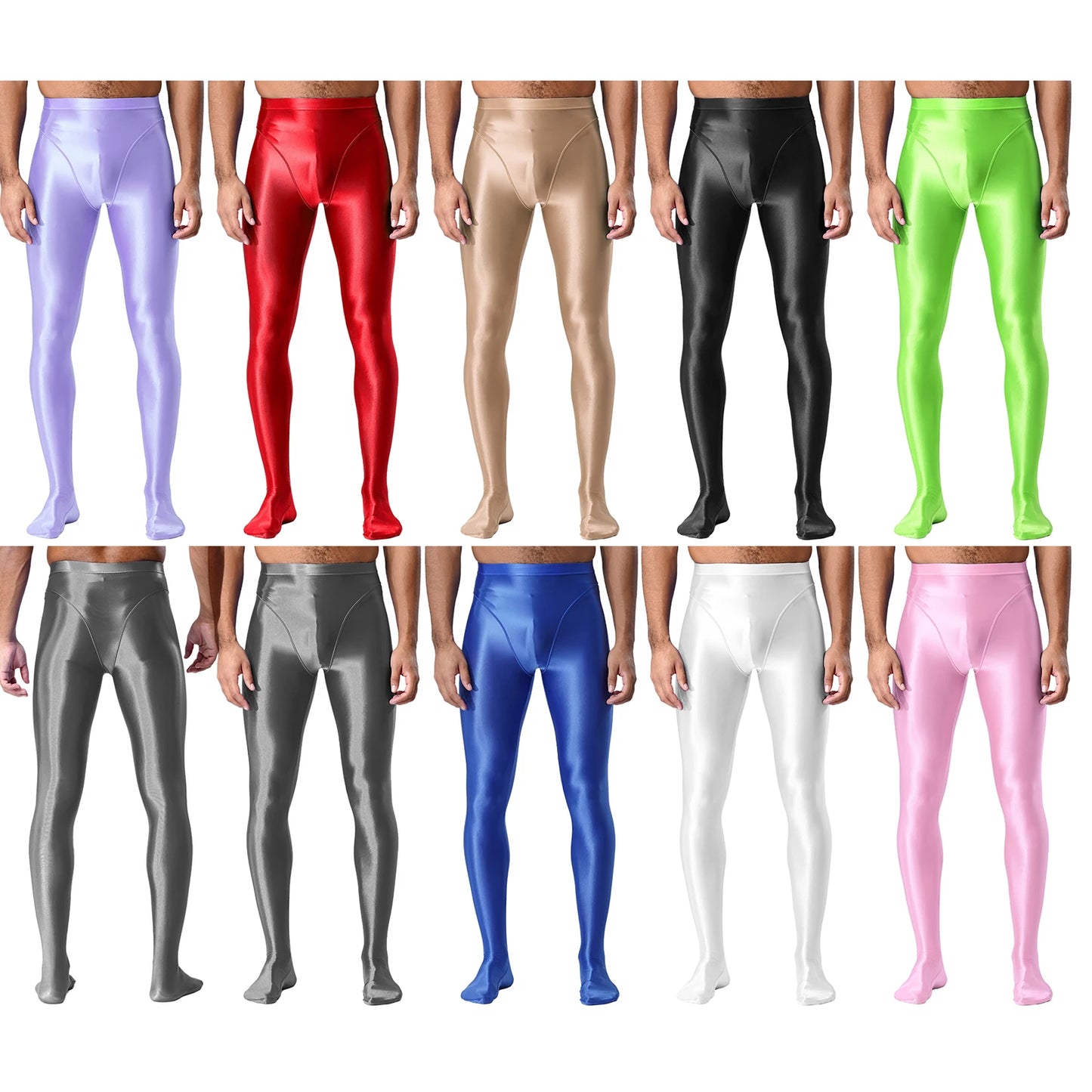 Men Gym Pilates Workout Leggings Glossy Shiny Smooth Elastic Waistband Footed Leggings Tights Slim Fit Sport Exercise Underpants