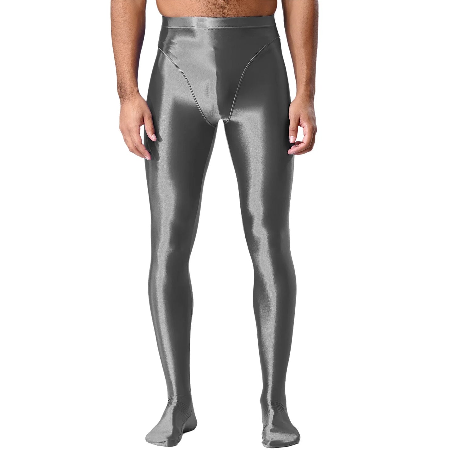 Men Gym Pilates Workout Leggings Glossy Shiny Smooth Elastic Waistband Footed Leggings Tights Slim Fit Sport Exercise Underpants