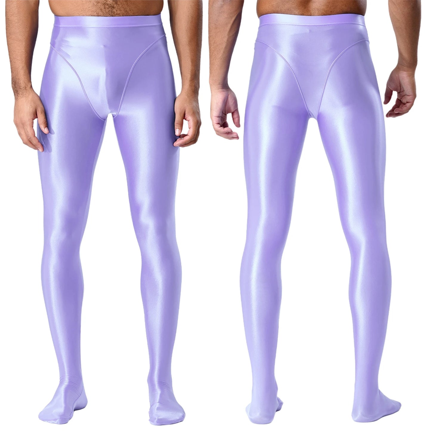 Men Gym Pilates Workout Leggings Glossy Shiny Smooth Elastic Waistband Footed Leggings Tights Slim Fit Sport Exercise Underpants