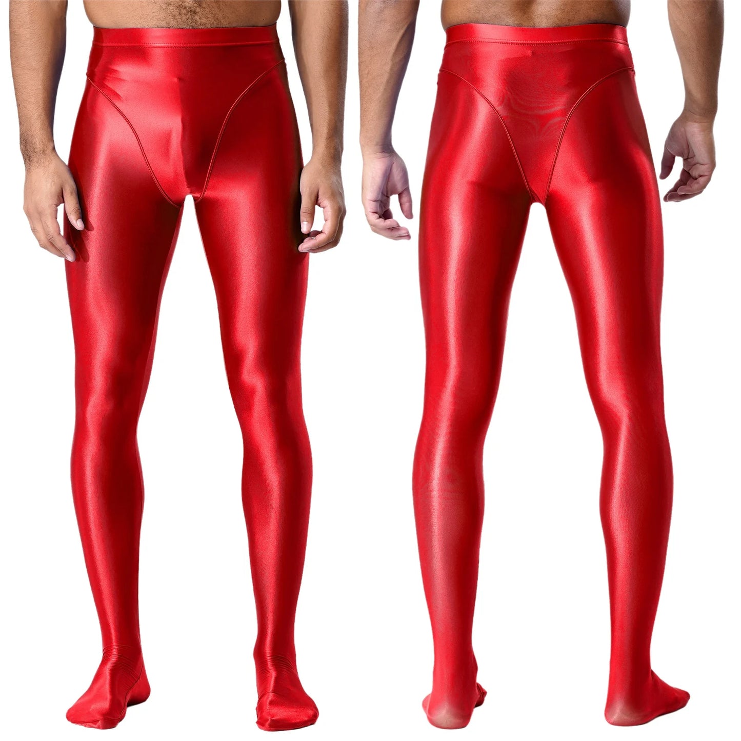 Men Gym Pilates Workout Leggings Glossy Shiny Smooth Elastic Waistband Footed Leggings Tights Slim Fit Sport Exercise Underpants