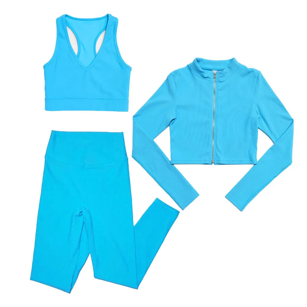 Women's 3-Piece Tracksuit Set – Jacket + Sports Bra + Leggings – Push Up Gym Workout Activewear for Training, Yoga & Fitness