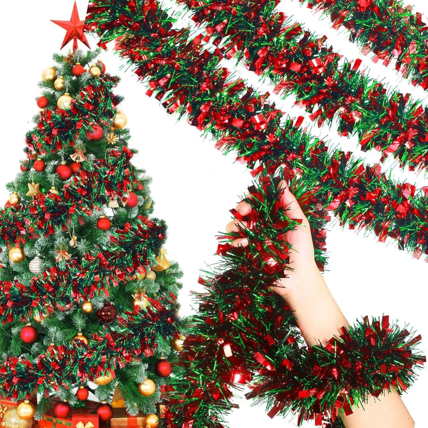 2-meter 9cm Christmas decoration, red and green Christmas party decoration, holiday ribbon and flower pulling