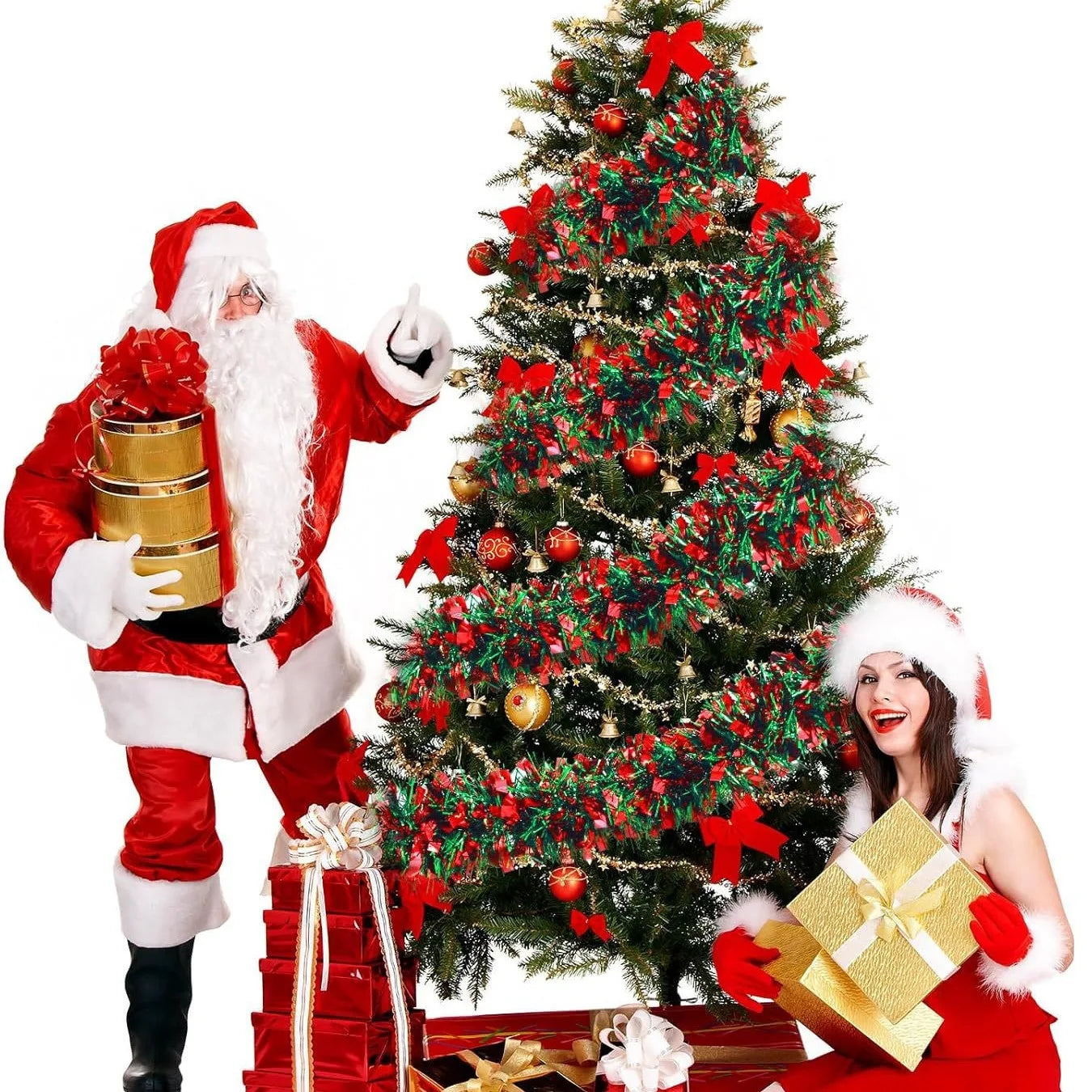 2-meter 9cm Christmas decoration, red and green Christmas party decoration, holiday ribbon and flower pulling