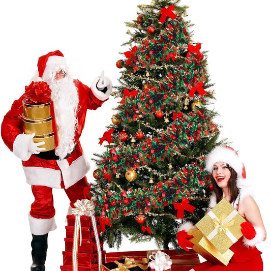 2-meter 9cm Christmas decoration, red and green Christmas party decoration, holiday ribbon and flower pulling