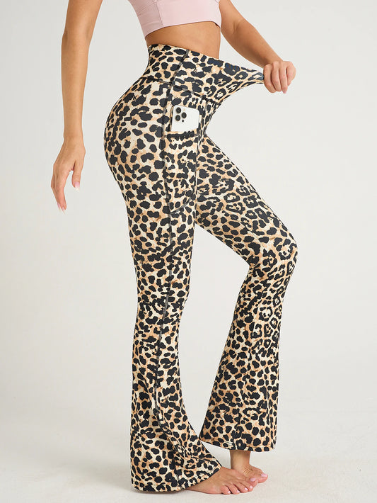 Women Leopard Print Flared Pants Sport High Waist Leggings Skinny Push Up Butt Yoga Pants Fashion Workout Casual Leggings Female