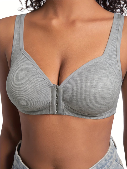 Women's Bra Wire-Free Front Closure Solid Color Full Coverage Fixed Cups More Considerate for Middle-Aged And Elderly Individual