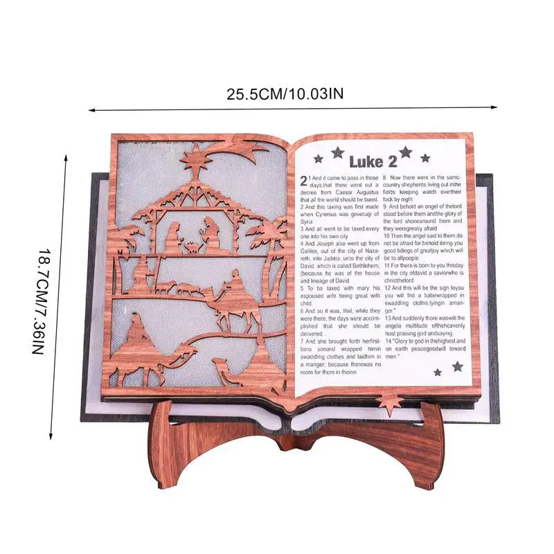Christmas Nativity Scene Figurine Wood Stand Book Bible With LED Light Wooden Home Creative Art Craft Festive Atmosphere Decorat