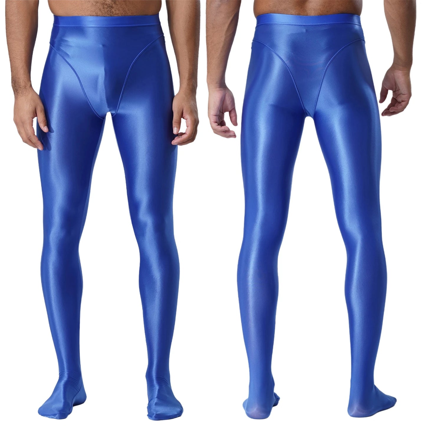 Men Gym Pilates Workout Leggings Glossy Shiny Smooth Elastic Waistband Footed Leggings Tights Slim Fit Sport Exercise Underpants