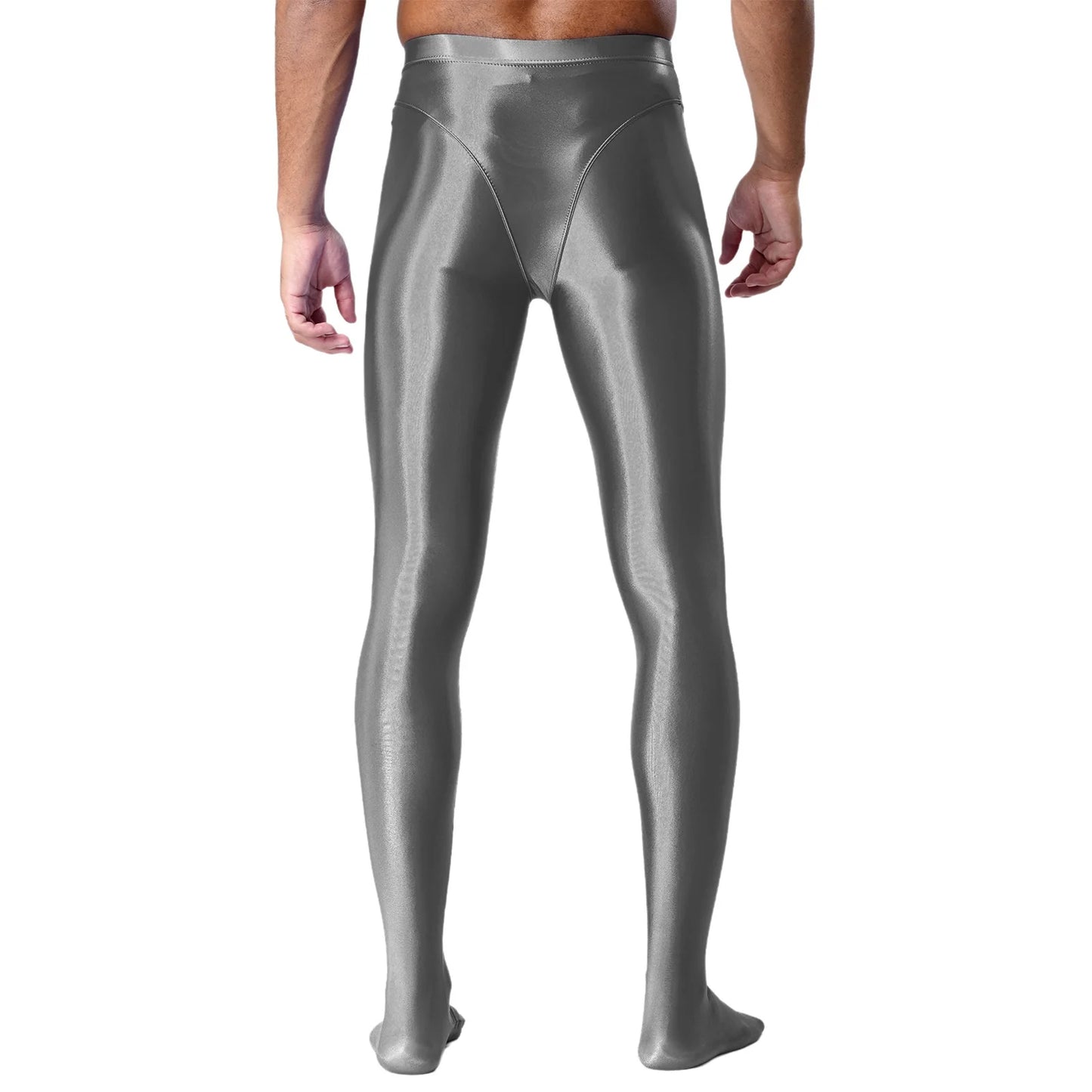 Men Gym Pilates Workout Leggings Glossy Shiny Smooth Elastic Waistband Footed Leggings Tights Slim Fit Sport Exercise Underpants