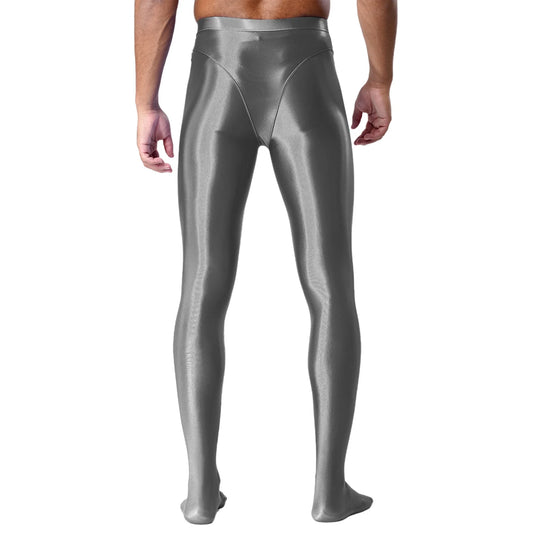 Men Gym Pilates Workout Leggings Glossy Shiny Smooth Elastic Waistband Footed Leggings Tights Slim Fit Sport Exercise Underpants
