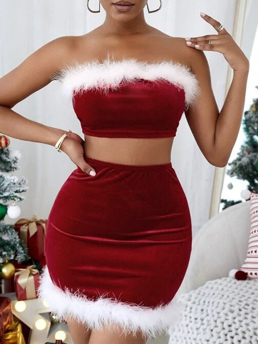Women's Christmas Skirts Outfits Contrast Color Fur Sleeveless Backless Crop Tube Tops + Bodycon Mini Skirts Xmas Outfits