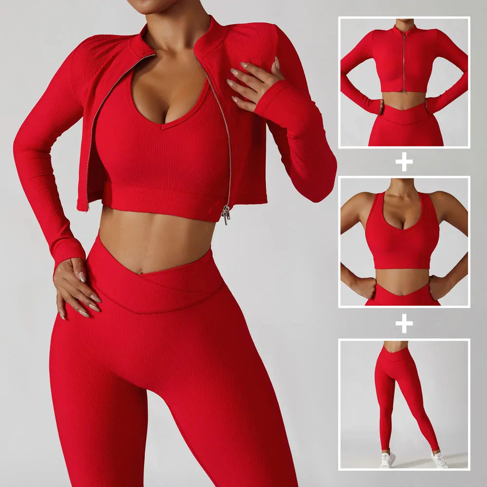 Women's 3-Piece Tracksuit Set – Jacket + Sports Bra + Leggings – Push Up Gym Workout Activewear for Training, Yoga & Fitness