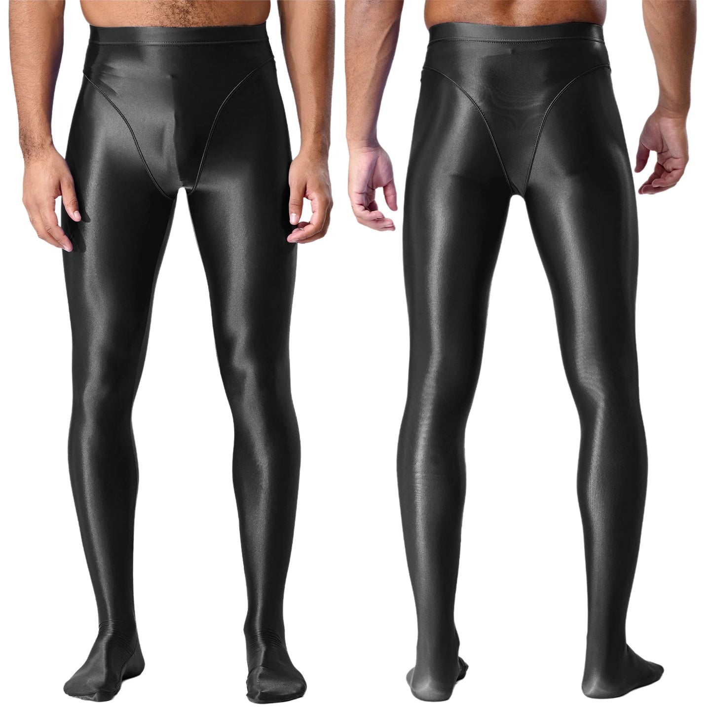 Men Gym Pilates Workout Leggings Glossy Shiny Smooth Elastic Waistband Footed Leggings Tights Slim Fit Sport Exercise Underpants