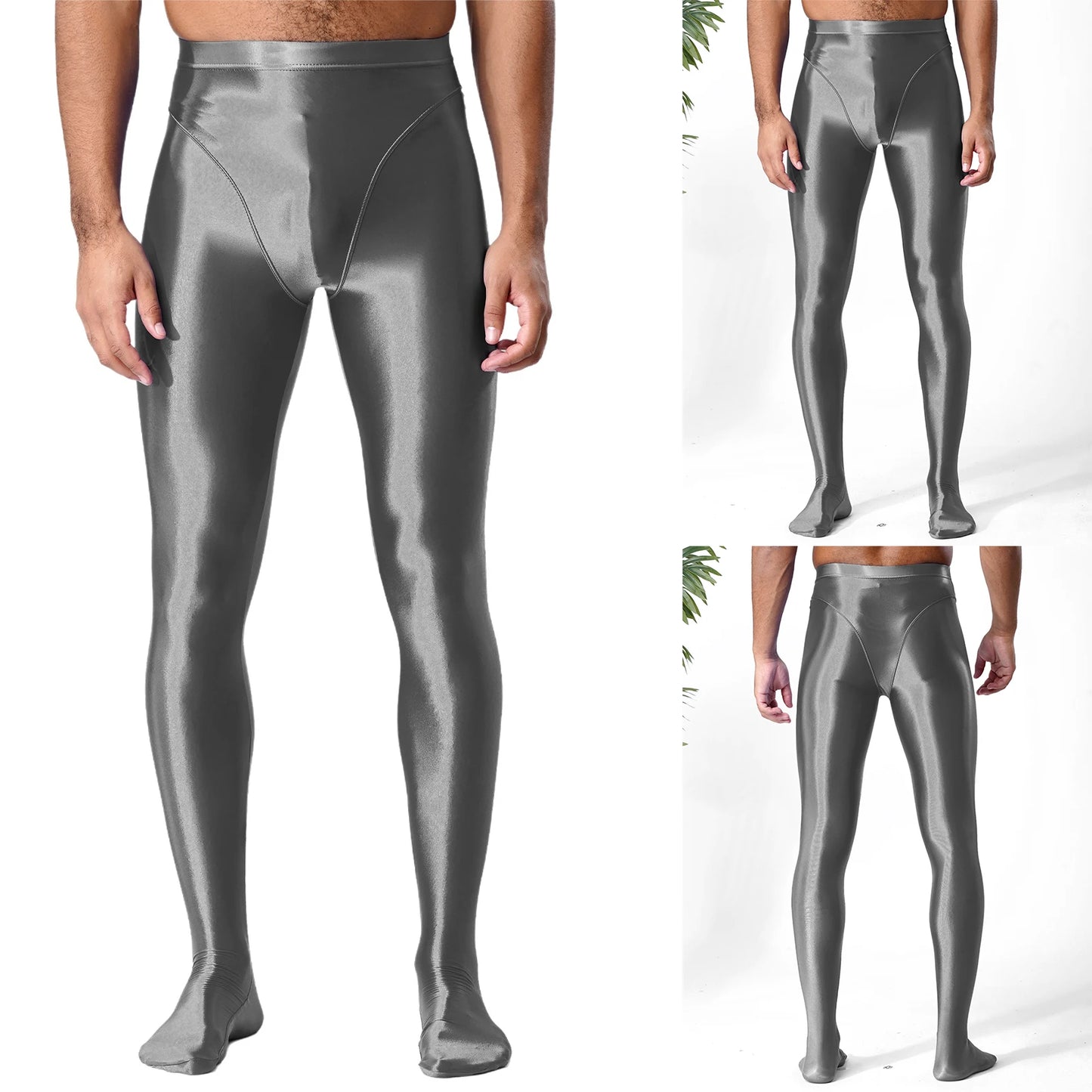 Men Gym Pilates Workout Leggings Glossy Shiny Smooth Elastic Waistband Footed Leggings Tights Slim Fit Sport Exercise Underpants