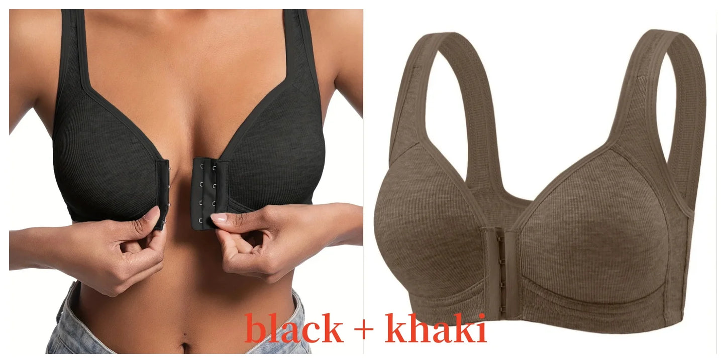 Women's Bra Wire-Free Front Closure Solid Color Full Coverage Fixed Cups More Considerate for Middle-Aged And Elderly Individual