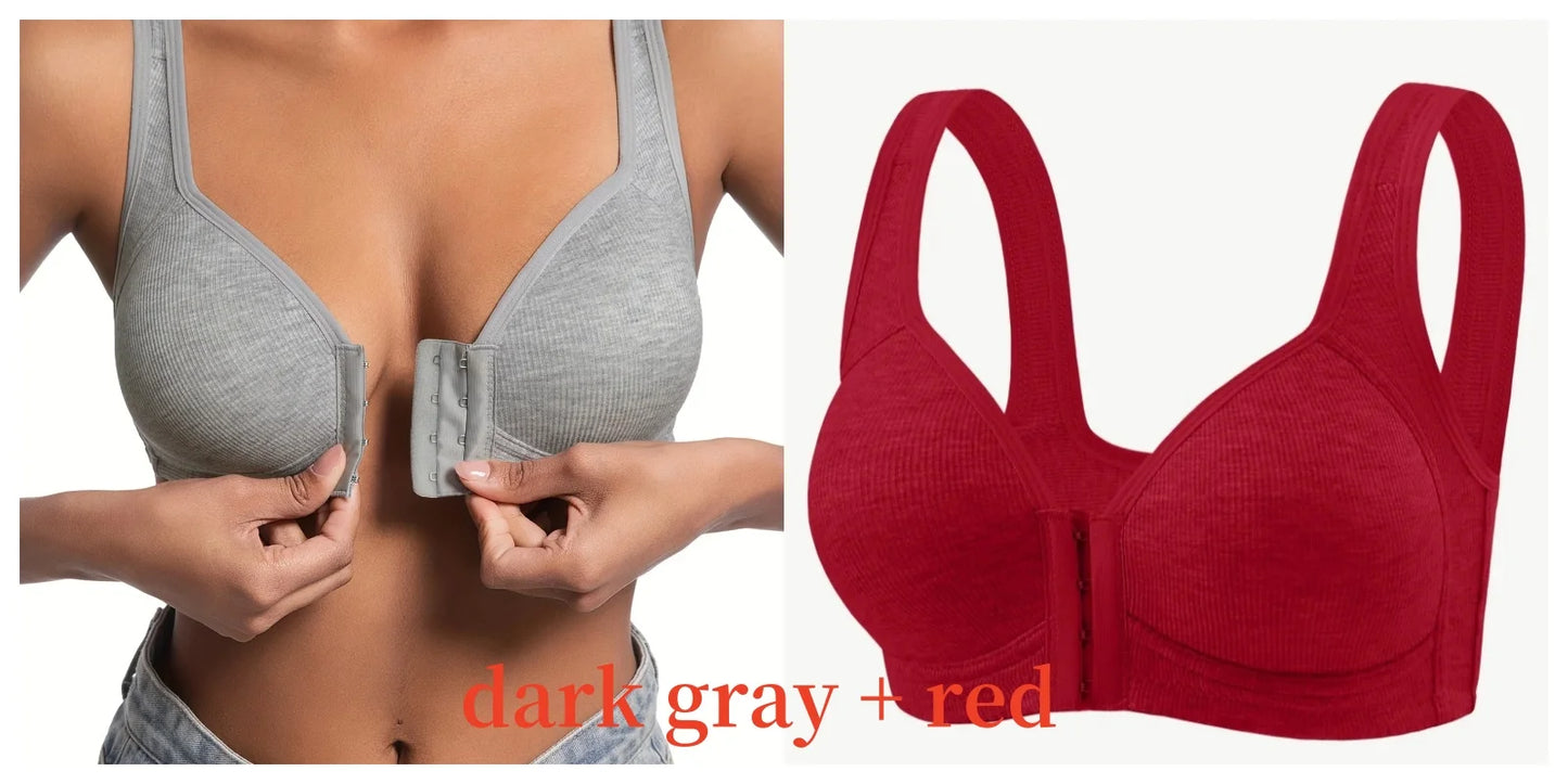 Women's Bra Wire-Free Front Closure Solid Color Full Coverage Fixed Cups More Considerate for Middle-Aged And Elderly Individual