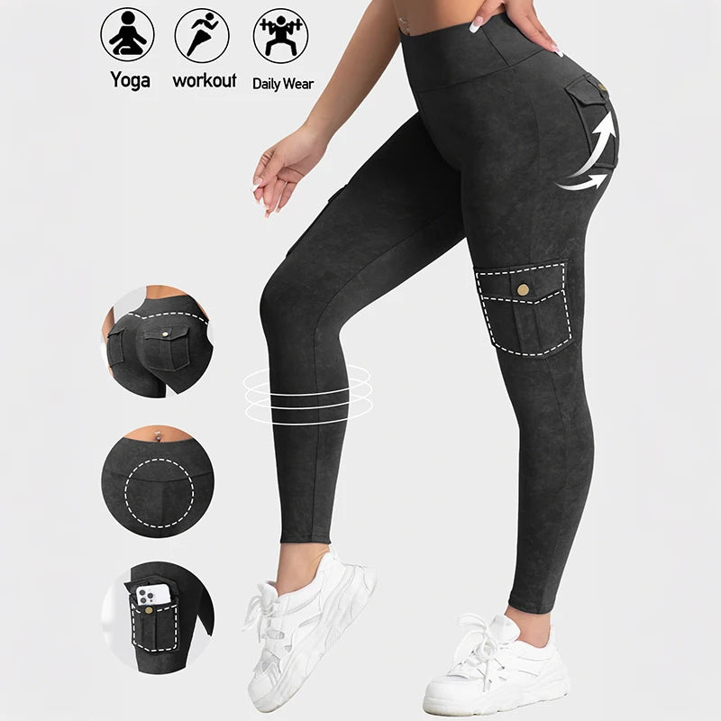 Washed Print Yoga Pants Work Pocket Fitness Legging High Waist Butt Lifting Workout Gym Tights Outdoor Running Pants Sportswear
