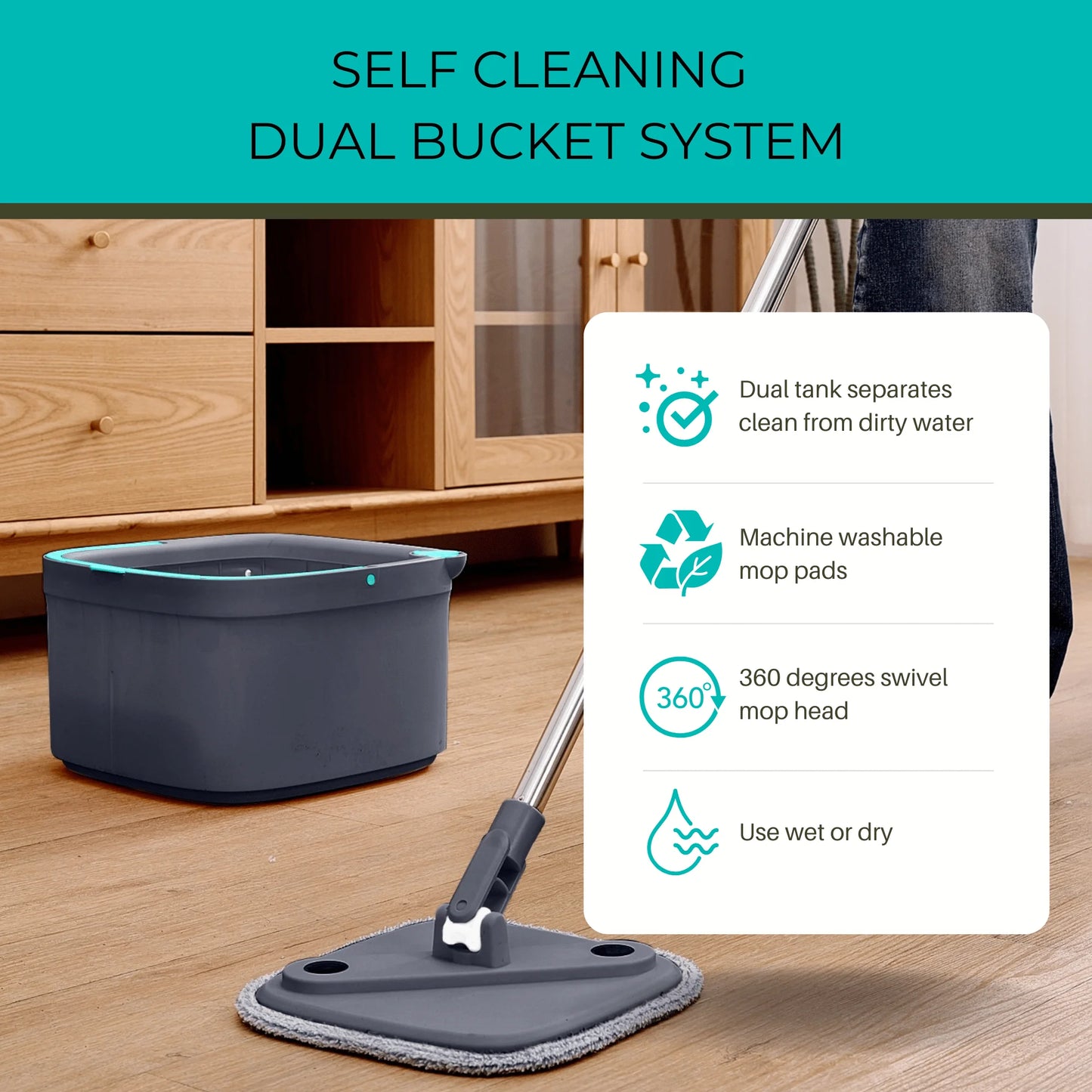 Original Square Spin Mop, Wet and Dry Mopping, Use On Wood, Tile, Hardwood floors, Great For Cleaning Kitchen And Home