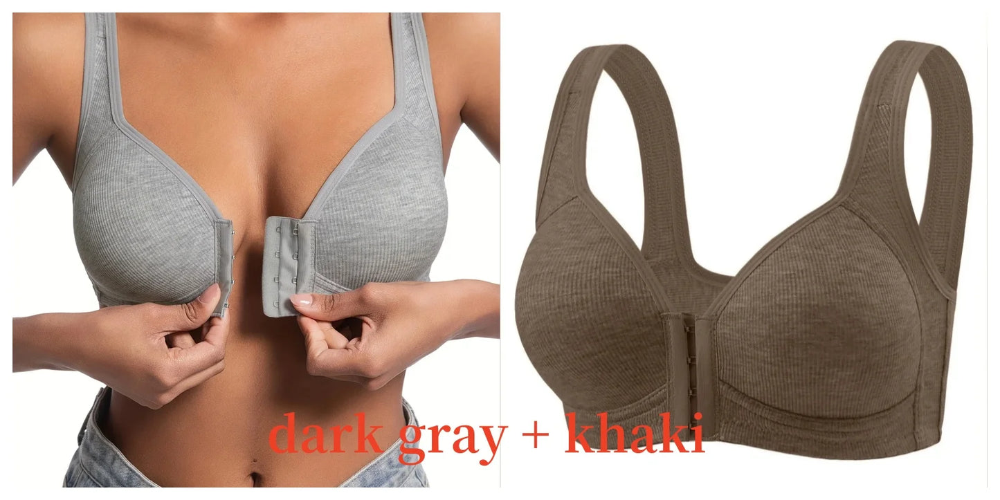 Women's Bra Wire-Free Front Closure Solid Color Full Coverage Fixed Cups More Considerate for Middle-Aged And Elderly Individual
