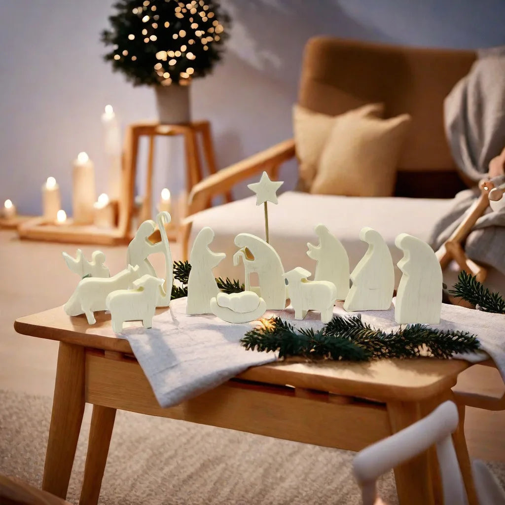 Wooden Nativity Set - Modern Christmas Scene Decoration - Set of 11 Natural Wood Figurines
