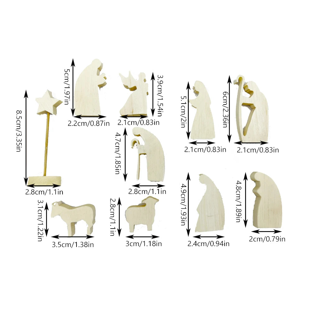 Wooden Nativity Set - Modern Christmas Scene Decoration - Set of 11 Natural Wood Figurines