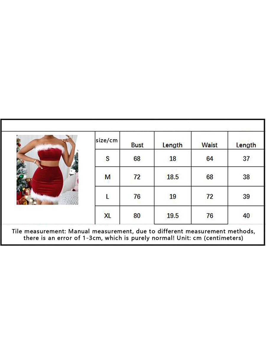 Women's Christmas Skirts Outfits Contrast Color Fur Sleeveless Backless Crop Tube Tops + Bodycon Mini Skirts Xmas Outfits