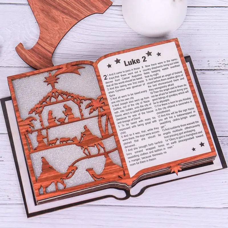 Christmas Nativity Scene Figurine Wood Stand Book Bible With LED Light Wooden Home Creative Art Craft Festive Atmosphere Decorat