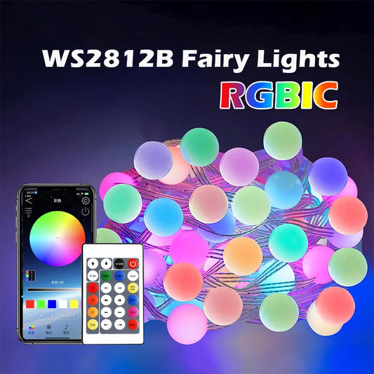 Bluetooth USB LED String Light RGBIC Round Garland Light Smart Color Changing Garden Lights String For Home Festival Decor