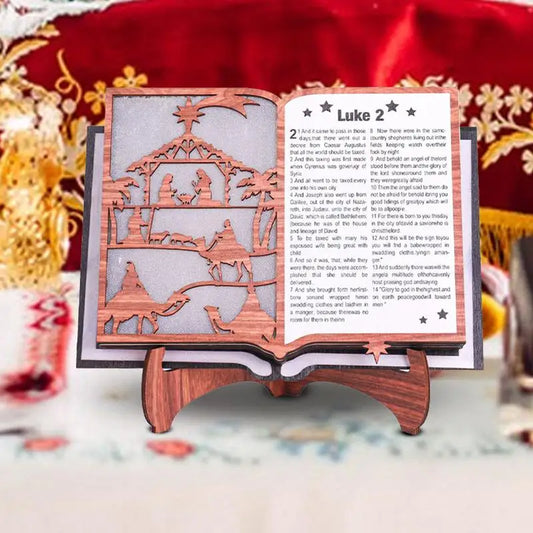 Christmas Nativity Scene Figurine Wood Stand Book Bible With LED Light Wooden Home Creative Art Craft Festive Atmosphere Decorat