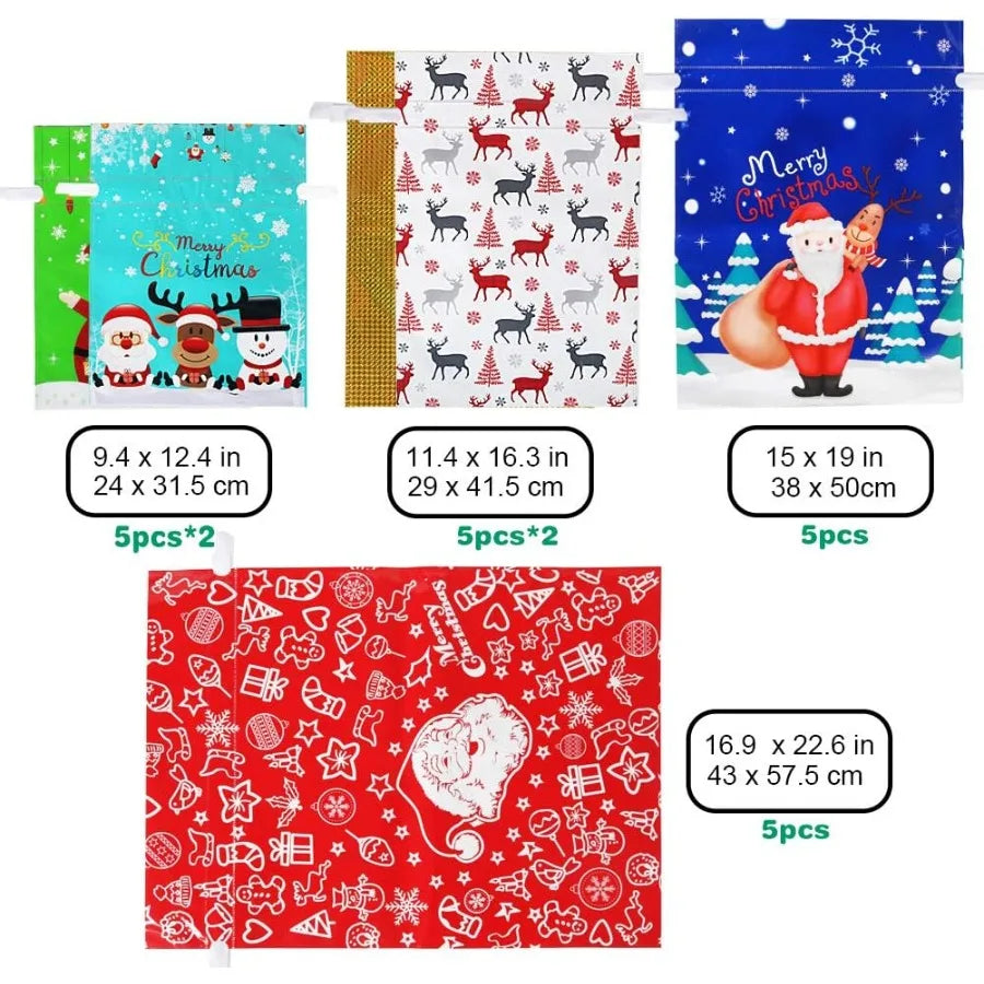 Holiday Drawstring Gift Bags 30pcs Christmas Foil Gift Wrapping Sacks Pouches for Xmas Presents Party Favor in Large Medium Sma