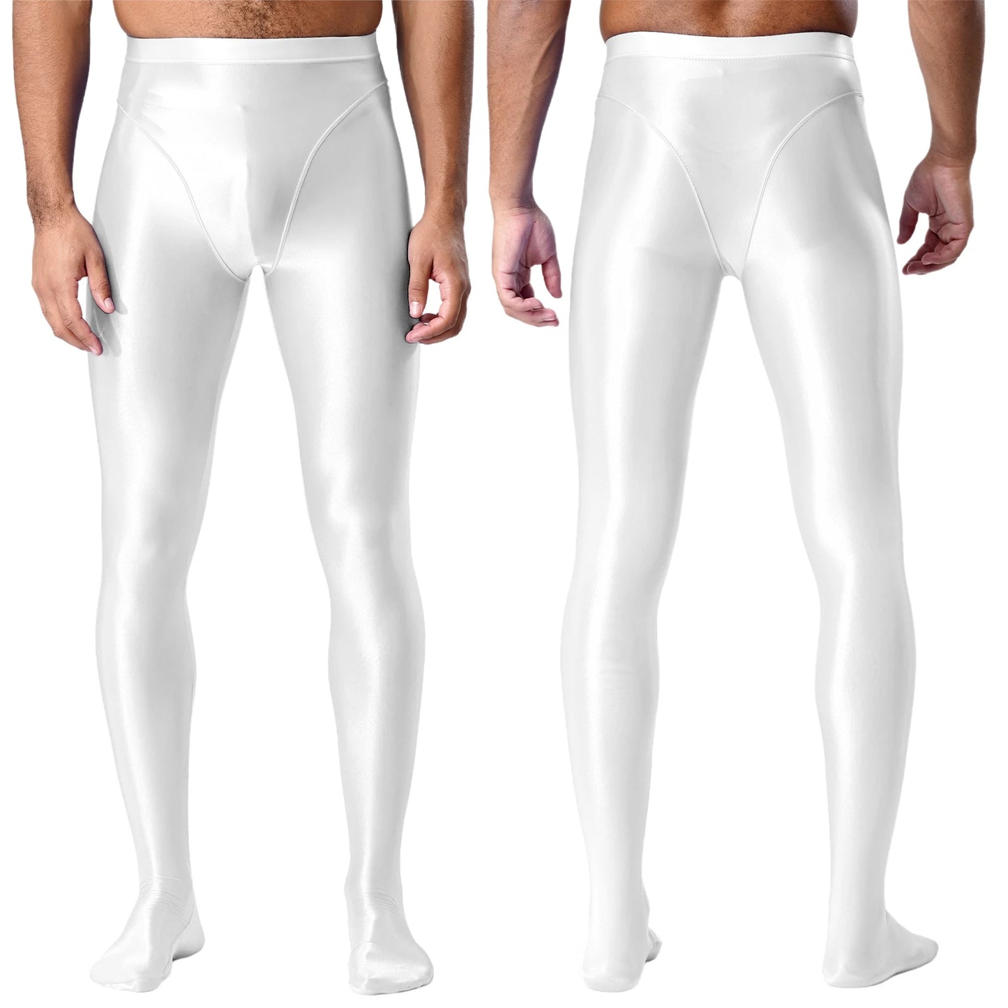 Men Gym Pilates Workout Leggings Glossy Shiny Smooth Elastic Waistband Footed Leggings Tights Slim Fit Sport Exercise Underpants