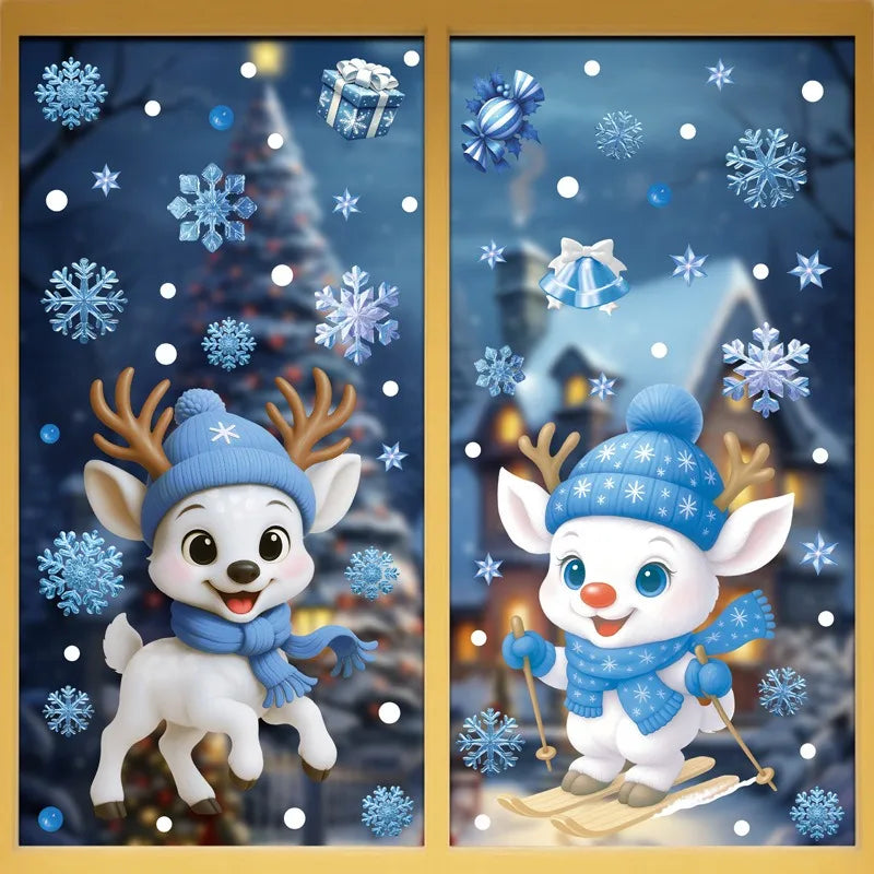 Christmas Blue Snowman Window Stickers Santa Claus Bird Snowflake Elk Ornaments Merry Christmas 2025 Happy New Year 2026