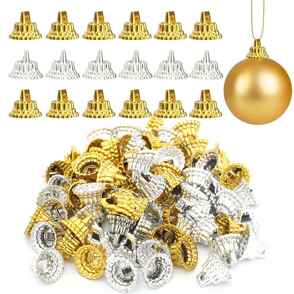 50pc Gold Sliver Round Christmas Ornament Caps Hanger Strings Replacement Xmas Tree Ball Plastic Cap For New Year Home Diy