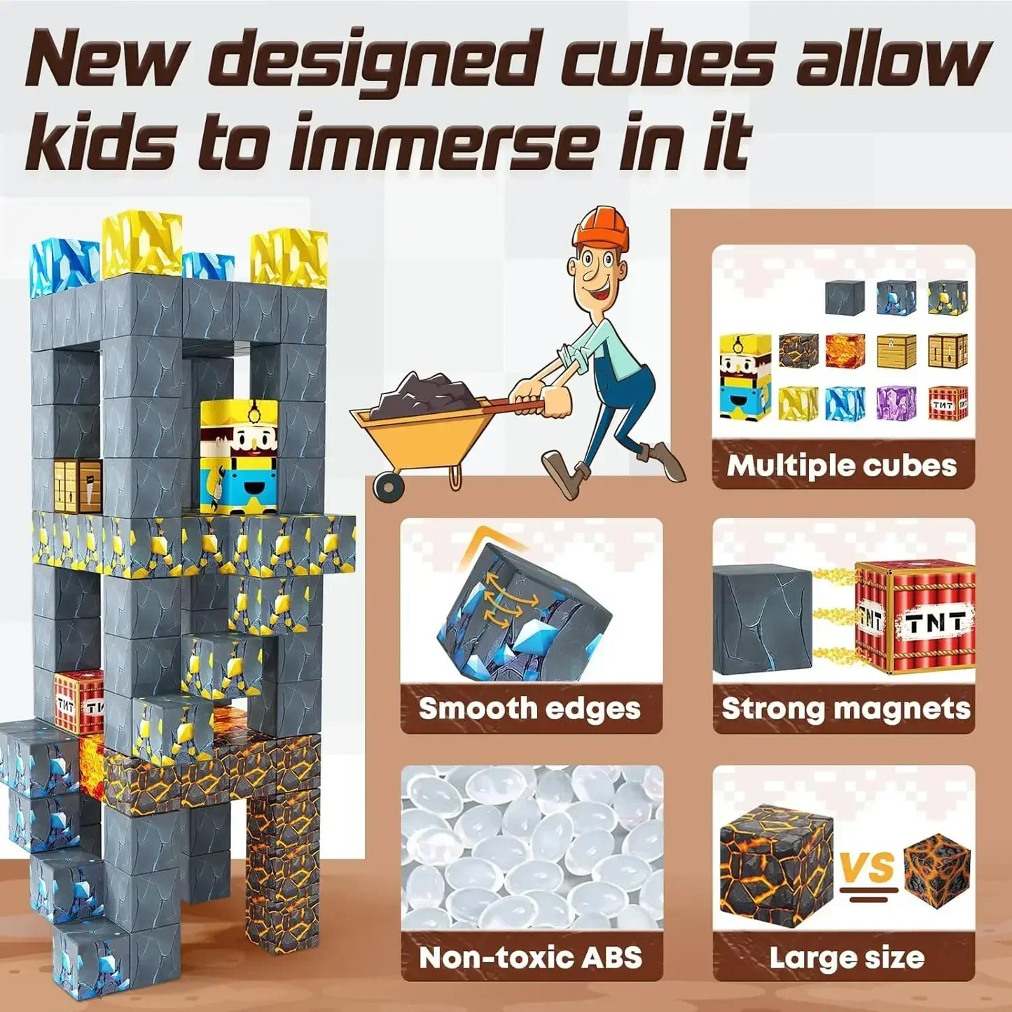 Magnetic Building Blocks Mine World Montessori Educational STEM Sensory Toy for Magnet Cube Kids Boys Girls Ages 3+ DIY Toy Gift
