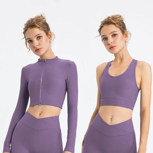 Women's 3-Piece Tracksuit Set – Jacket + Sports Bra + Leggings – Push Up Gym Workout Activewear for Training, Yoga & Fitness