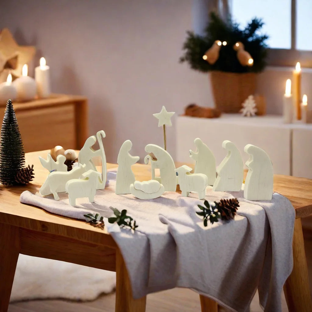 Wooden Nativity Set - Modern Christmas Scene Decoration - Set of 11 Natural Wood Figurines