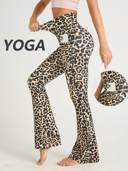 Women Leopard Print Flared Pants Sport High Waist Leggings Skinny Push Up Butt Yoga Pants Fashion Workout Casual Leggings Female