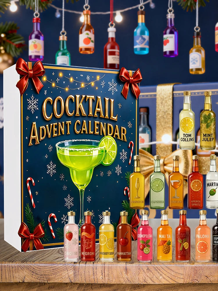 Cocktail 24 Days Christmas Countdown Calendar with 24 2D Flat Cocktail Ornaments Christmas Advent Calendar Xmas Surprise Gifts