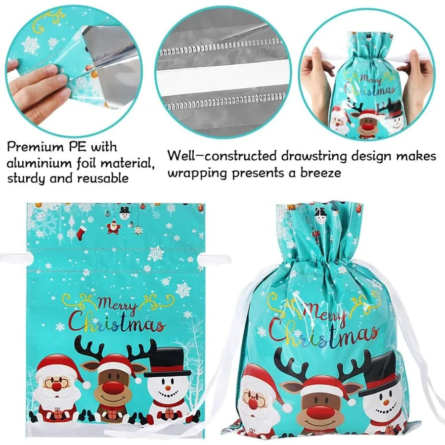 Holiday Drawstring Gift Bags 30pcs Christmas Foil Gift Wrapping Sacks Pouches for Xmas Presents Party Favor in Large Medium Sma