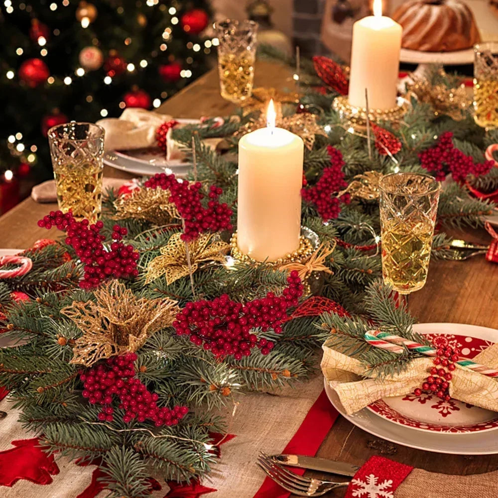 50/1branch Christmas Artificial Berries Stem Red Holly Berry Fake Flowers Plant for Xmas Tree New Year Party Home Decor Ornament