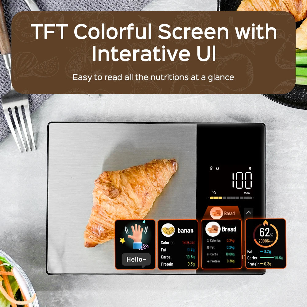 Smart Kitchen Scale Stainless Steel Food Calorie Protein Fat Carbs Nutritional Calculator 11LB/5kg Weight for Healthy Cooking