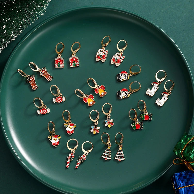 12/20 Pair Christmas Earring Set For Women Shiny Crystal Zircon Snowflake Elk Bowknot Elk Xmas Tree Earring Girl New Year Gifts