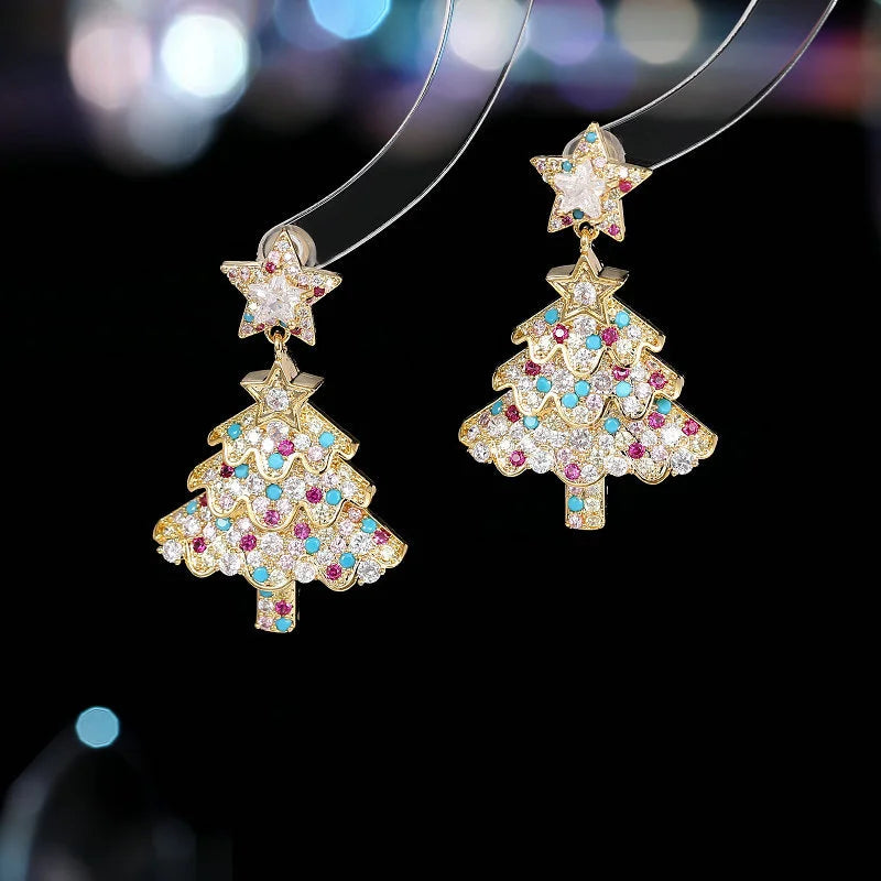 Colourful Zircon Christmas Tree Earrings For Women Sparkling Crystal Snowflake Elk Earring Girls New Year Holiday Jewelry Gifts