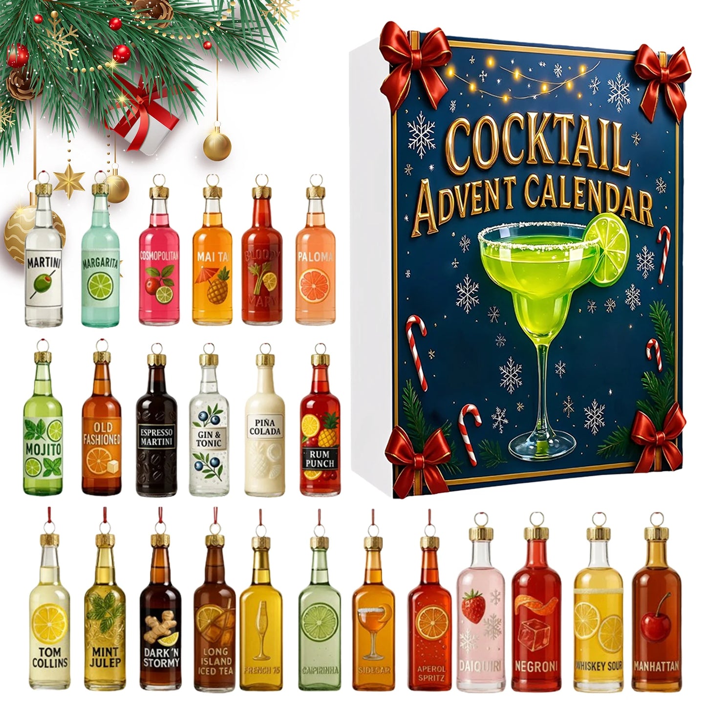 Cocktail 24 Days Christmas Countdown Calendar with 24 2D Flat Cocktail Ornaments Christmas Advent Calendar Xmas Surprise Gifts