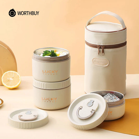 WORTHBUY Bento Lunch Box Set, Portable Keep Warm Lunch Container With Insulated Bag, 18/8 Stainless Steel Thermal Food Container