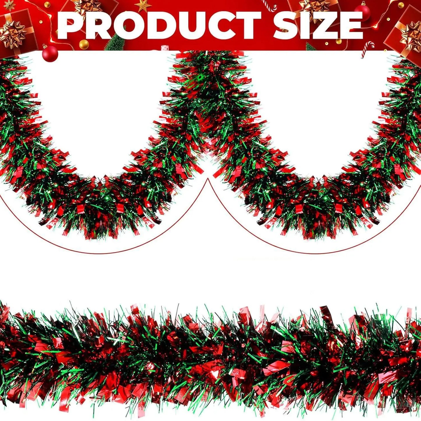 2-meter 9cm Christmas decoration, red and green Christmas party decoration, holiday ribbon and flower pulling