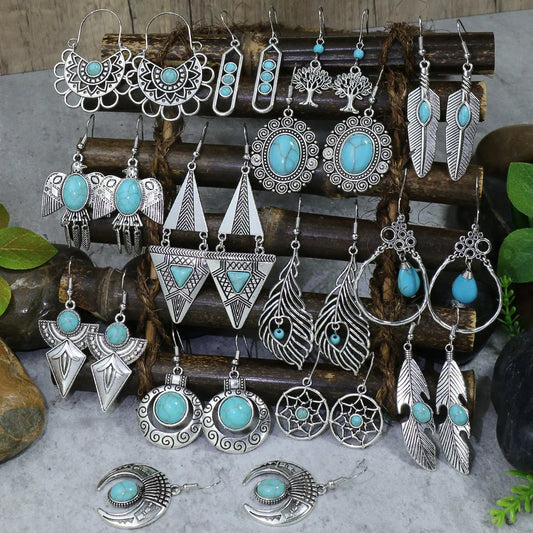 Vintage Ethnic Blue Acrylic Bead Geometric Dangle Earrings for Women Boho Vacation Style Silver Color Metal Earrings Jewelry