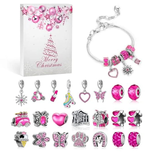 Pink Jewelry Advent Calendar 2025 for Adult TeensHot Pink Jewelry 24 Days Christmas CountdownIlued Heart Metal Charms Beads DI