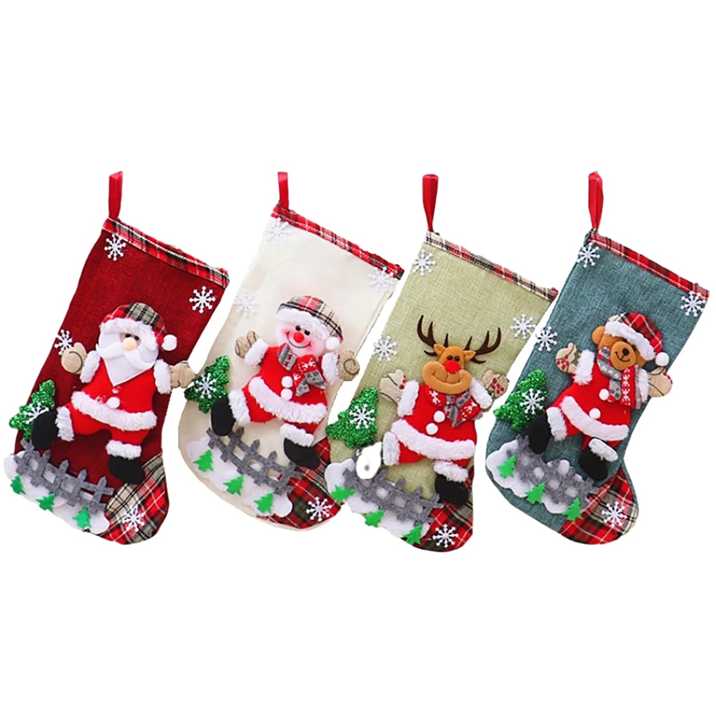 4Pcs Christmas Stockings Set Large Capacity Cute Stockings Bag Plush Santa Claus/Snowman/Bear/Elk for Home Classroom Party