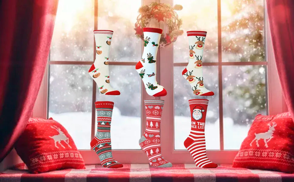 Holiday Socks 6 Pairs Christmas Socks Colorful Printed Pattern Holiday Socks Skin Friendly Warm Christmas Decoration Gadget